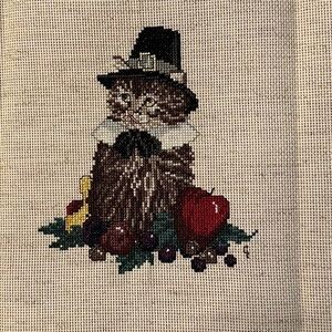 Counted Cross-Stitch completed 12”x12” panel of Pilgrim Cat Vintage Thanksgiving